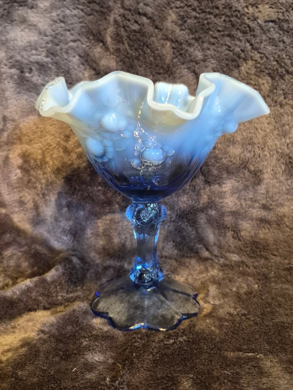 Fenton Pedestal Candy Dish Blue Opalescent Ruffle Compote Cabbage Rose